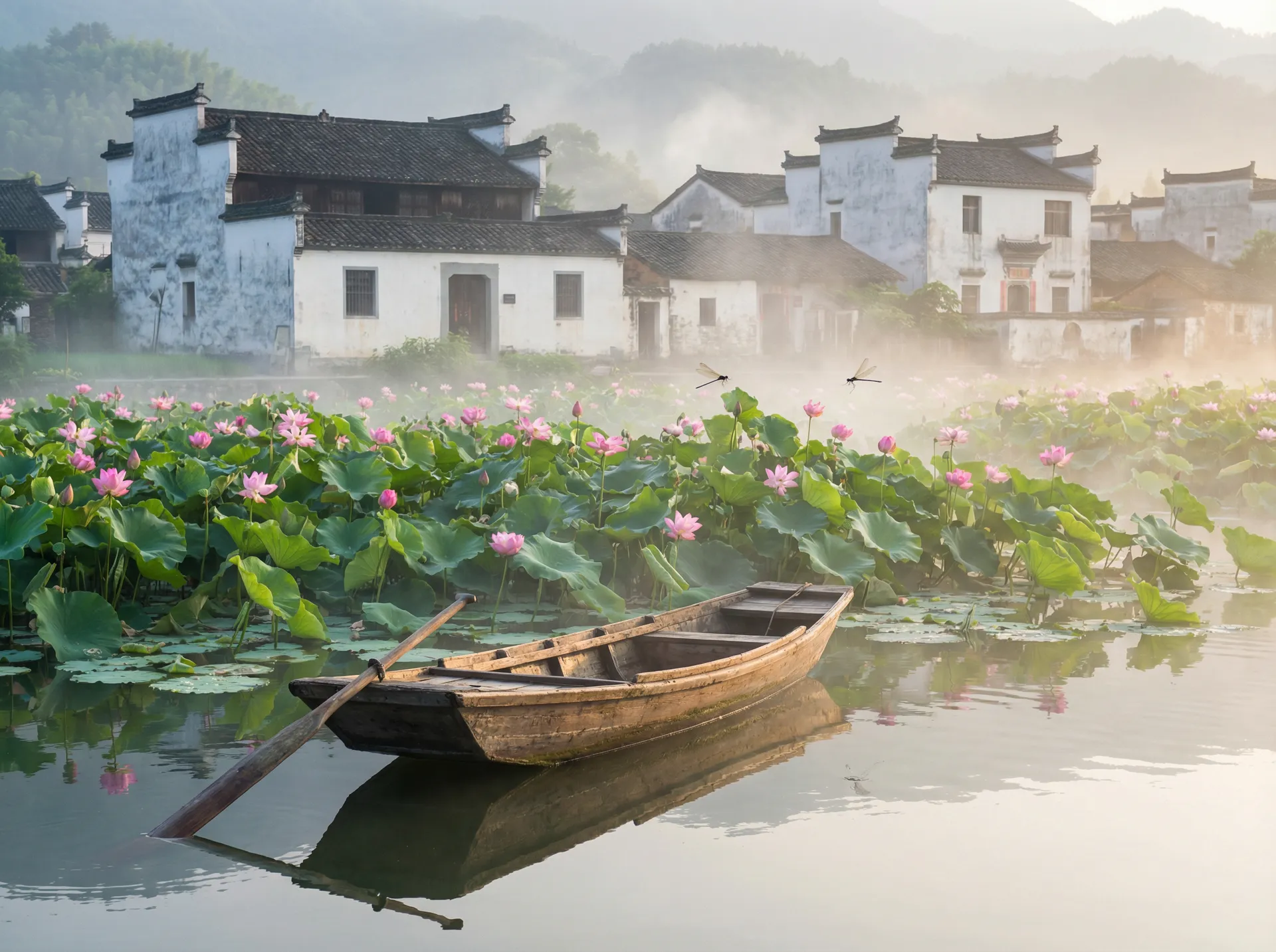 清晨荷塘小舟，粉色荷花盛开，白墙黑瓦的村庄 - 灰喉堡 水乡风情